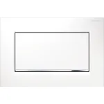 Pulsador serie Sigma10 de Geberit. Descarga interrumpible, blanco/cromado brillante/blanco